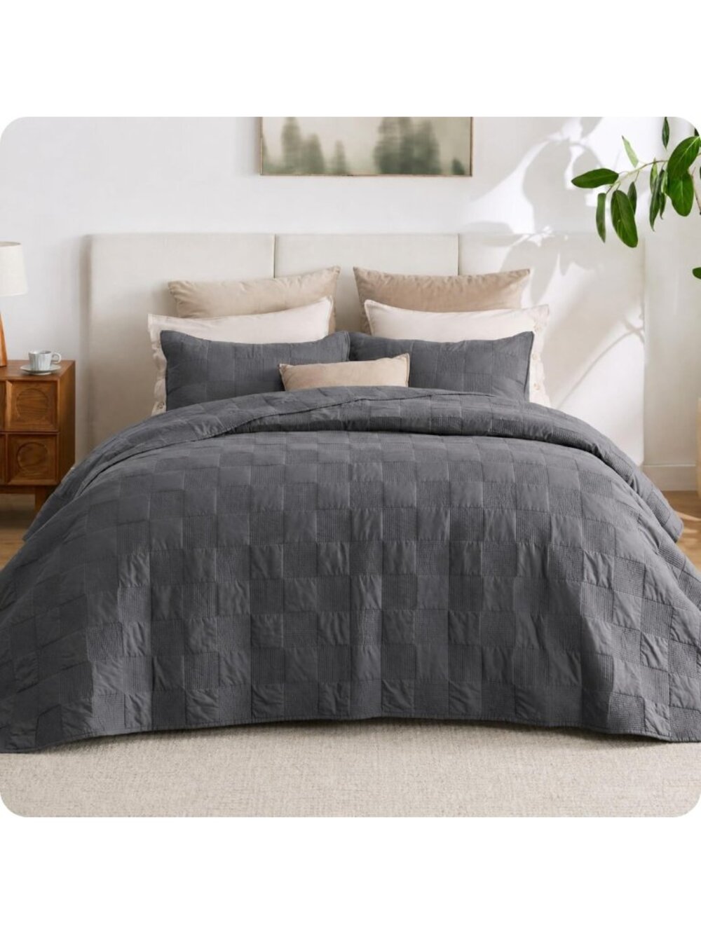 Cozy 100% Cotton Checker Quilt Set - Queen Size Grey Comforter for All Seasons